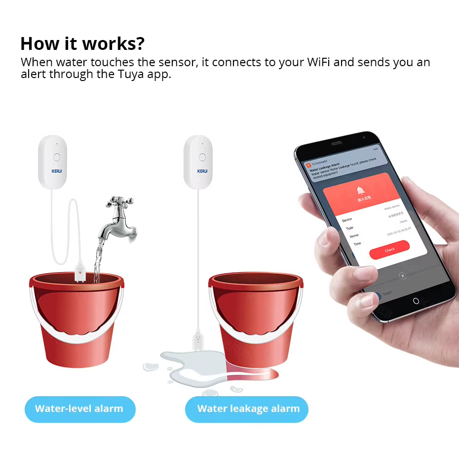 Wifi Water Sensor Smart Home Kitchen Water Leak Detector Tuya APP Monitoring of Leaks Phone Notification Security Alarm